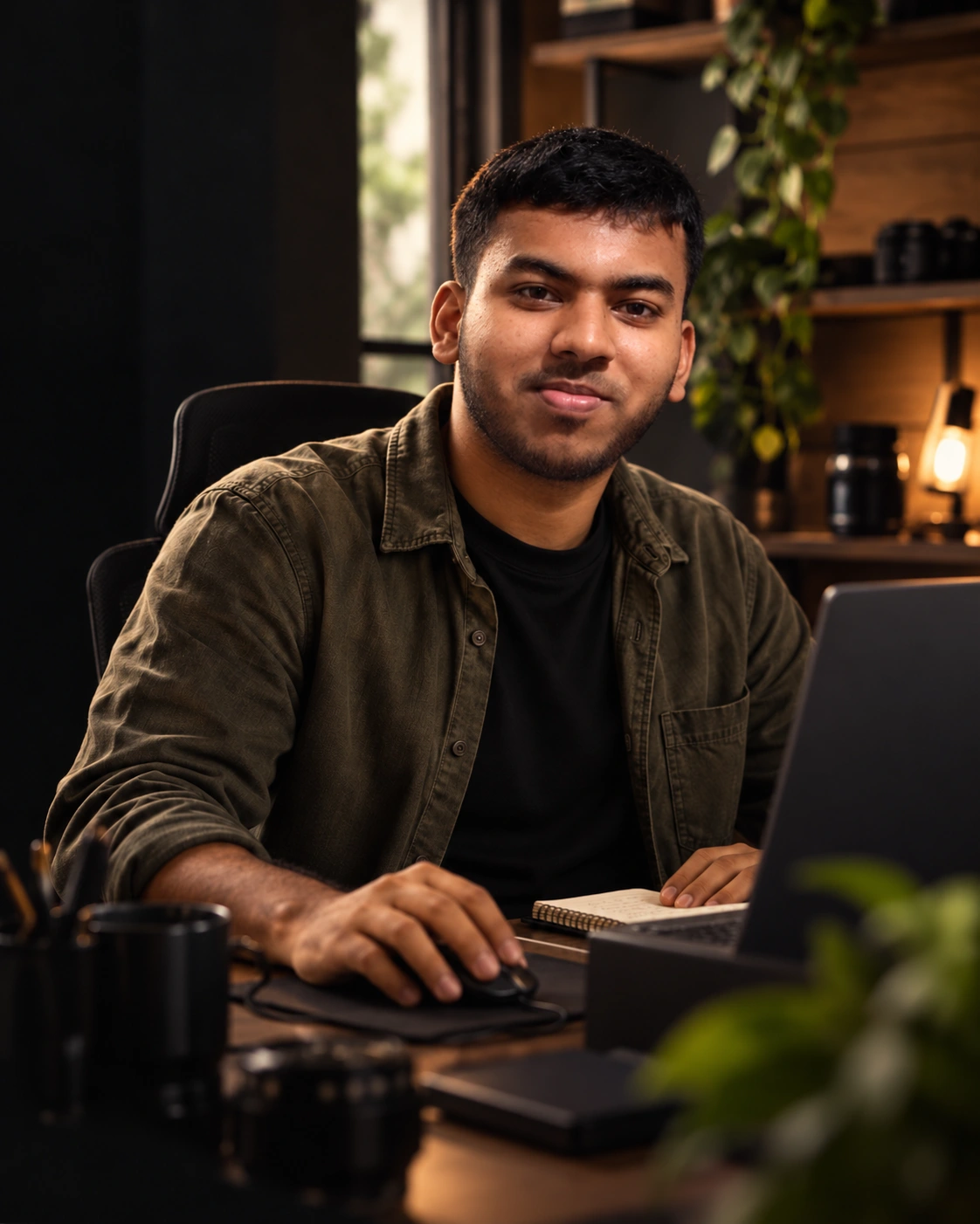 Sakib seated at an editing desk in a warmly lit creative studio